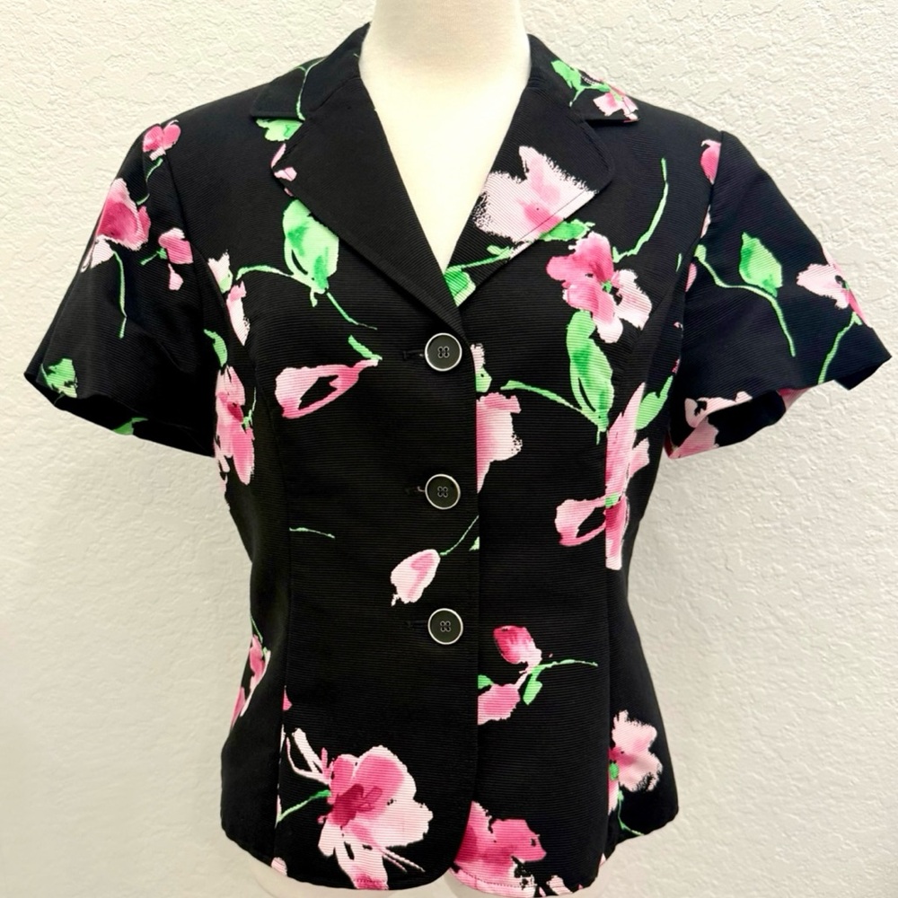 Vintage St. John Black Jacket Cropped Pink Floral Jacquard Textured Silk Lined